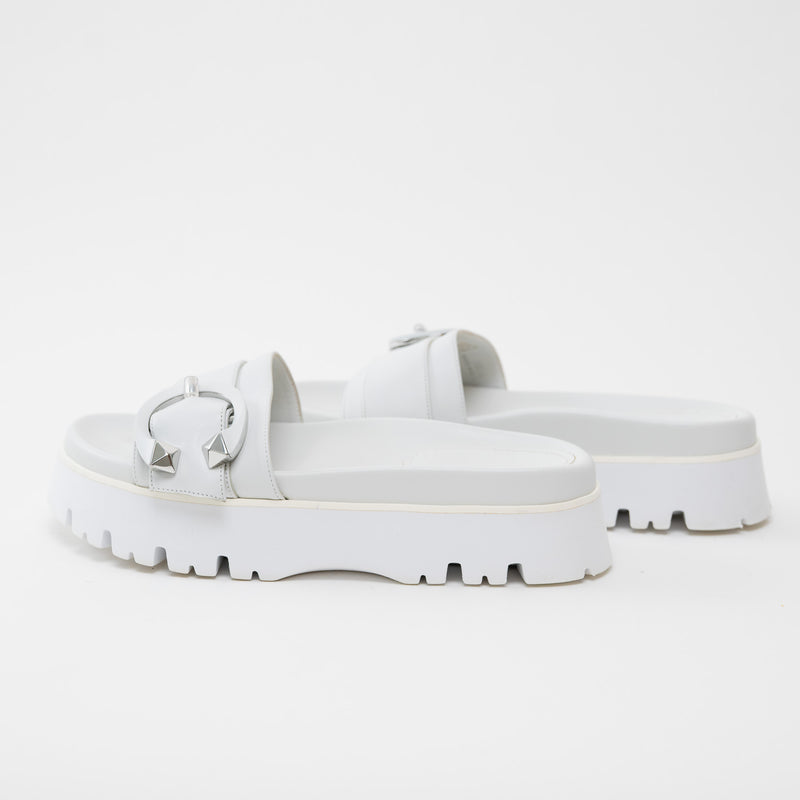 Jimmy Choo White Nappa Leather Slides with White and Silver Buckle Size 38.5