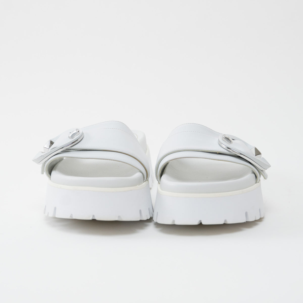 Jimmy Choo White Nappa Leather Slides with White and Silver Buckle Size 38.5