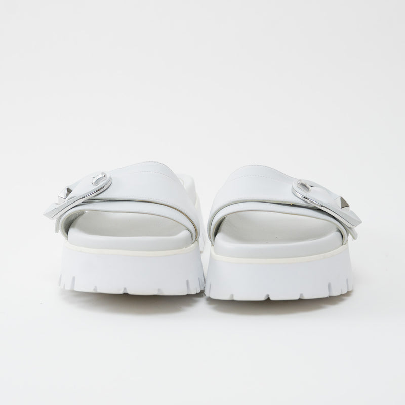 Jimmy Choo White Nappa Leather Slides with White and Silver Buckle Size 38.5