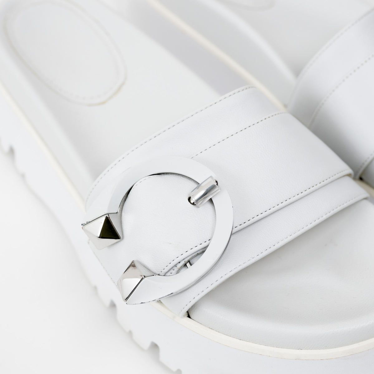 Jimmy Choo White Nappa Leather Slides with White and Silver Buckle Size 38.5