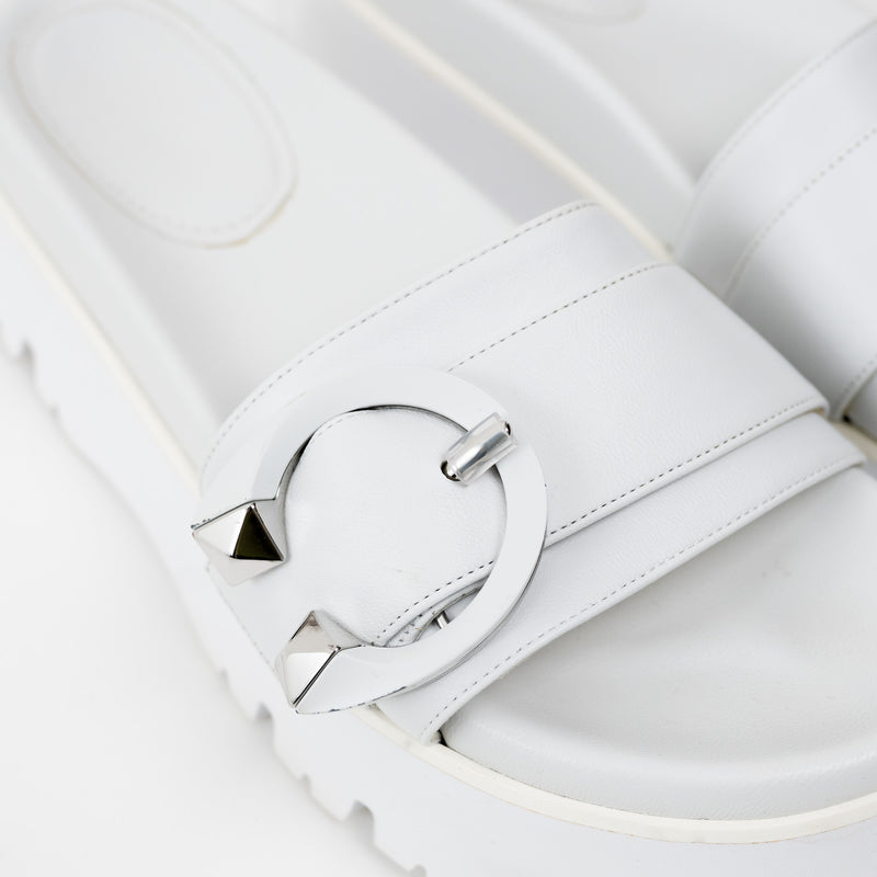 Jimmy Choo White Nappa Leather Slides with White and Silver Buckle Size 38.5
