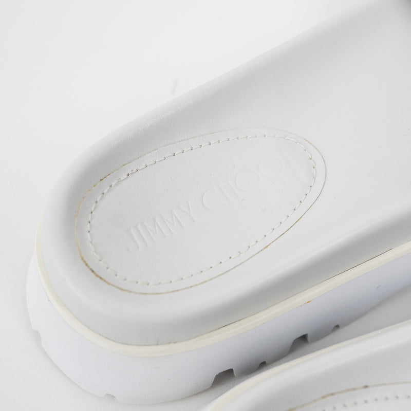 Jimmy Choo White Nappa Leather Slides with White and Silver Buckle Size 38.5