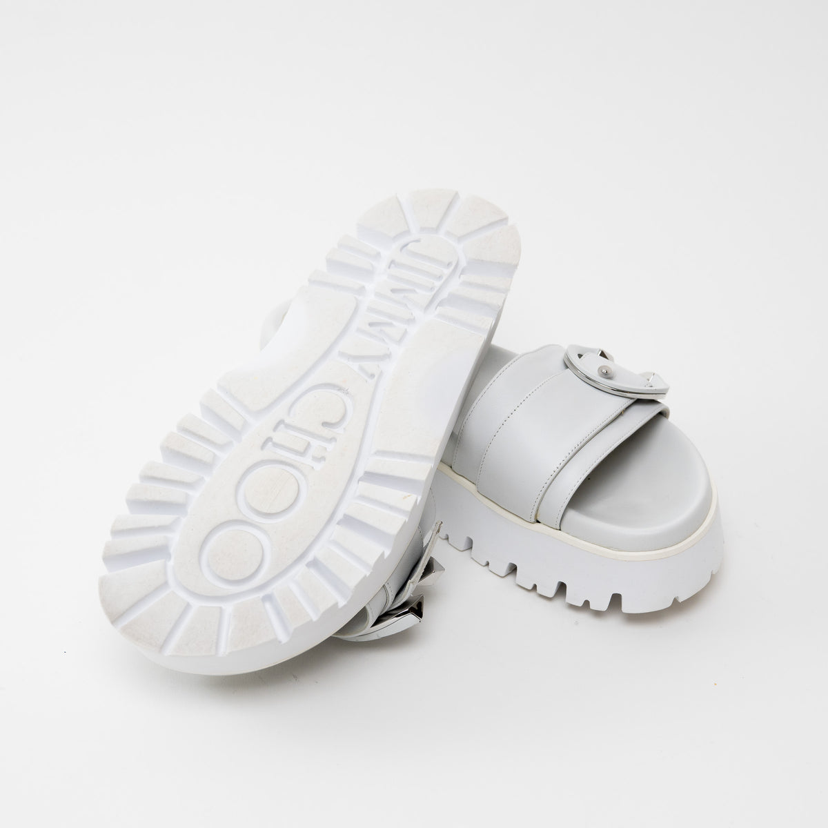 Jimmy Choo White Nappa Leather Slides with White and Silver Buckle Size 38.5