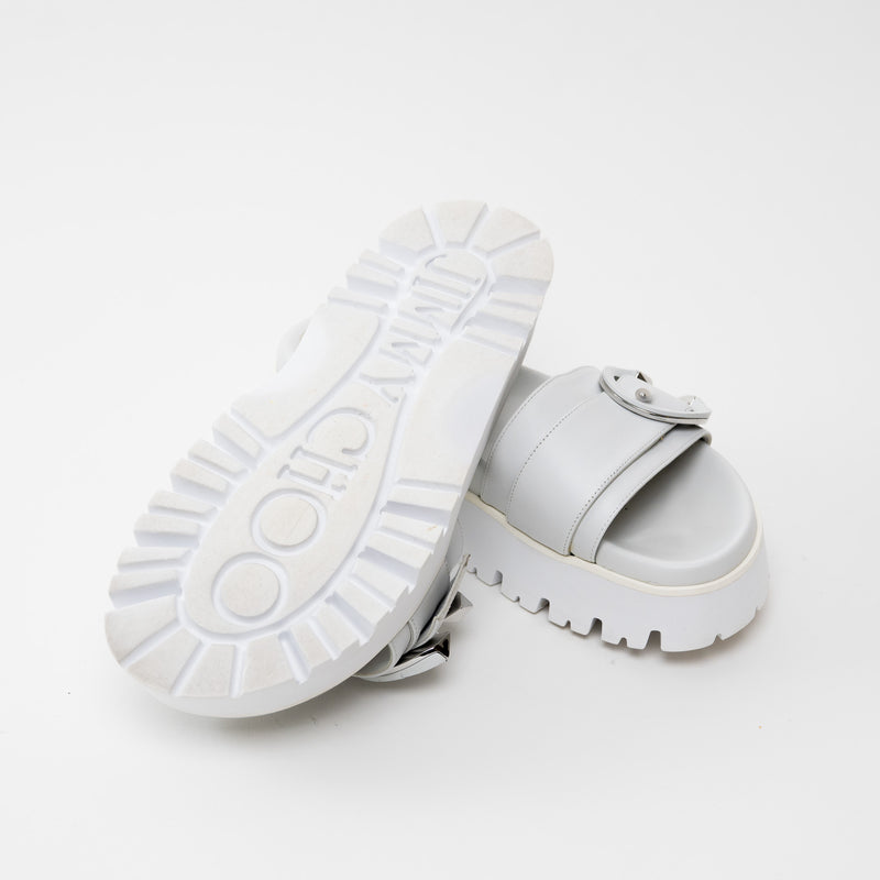 Jimmy Choo White Nappa Leather Slides with White and Silver Buckle Size 38.5