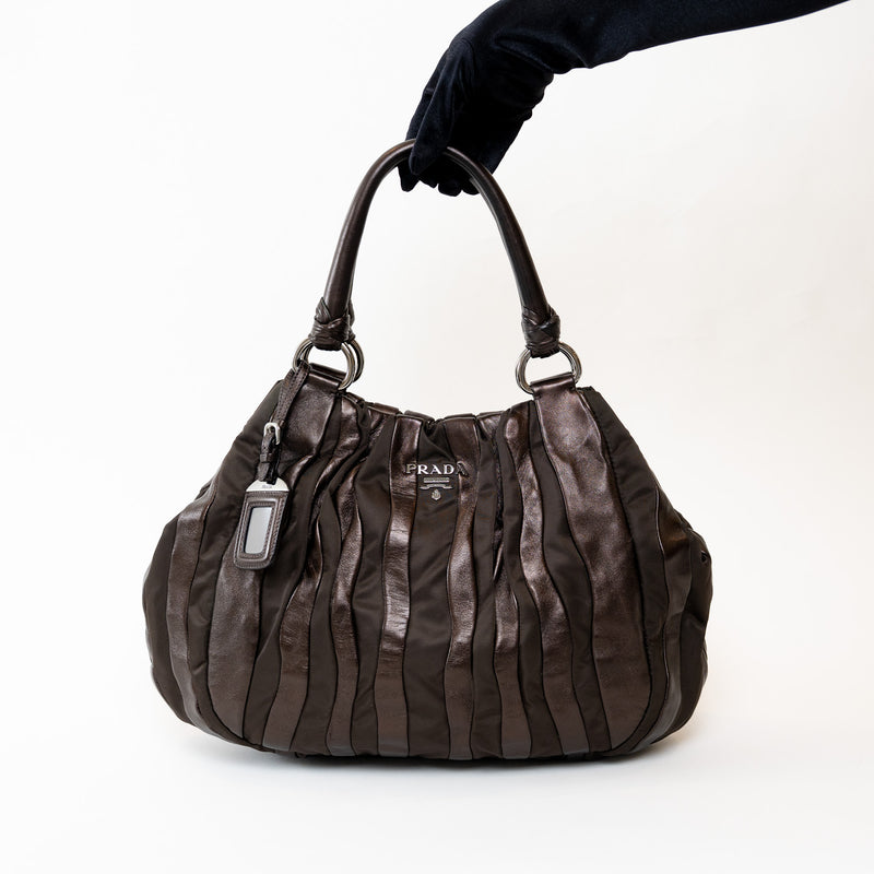 Prada Brown Tessuto Nylon and Metallic Brown Grained Leather Hobo Bag