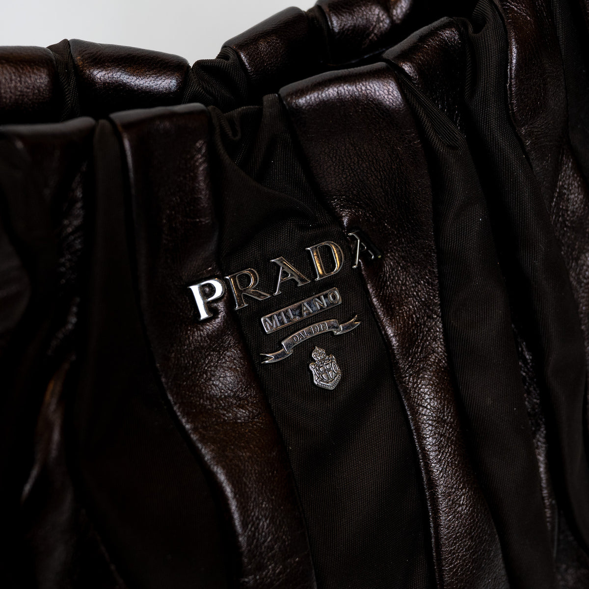 Prada Brown Tessuto Nylon and Metallic Brown Grained Leather Hobo Bag