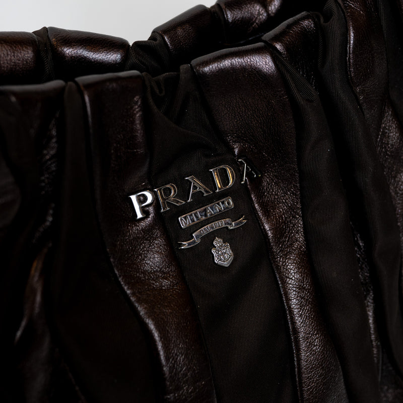 Prada Brown Tessuto Nylon and Metallic Brown Grained Leather Hobo Bag