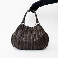 Prada Brown Tessuto Nylon and Metallic Brown Grained Leather Hobo Bag