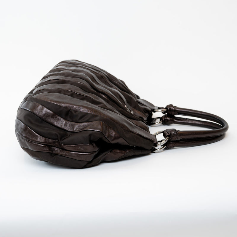 Prada Brown Tessuto Nylon and Metallic Brown Grained Leather Hobo Bag