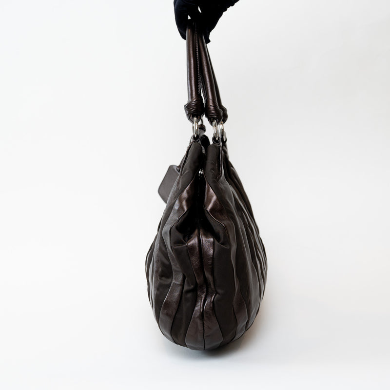 Prada Brown Tessuto Nylon and Metallic Brown Grained Leather Hobo Bag