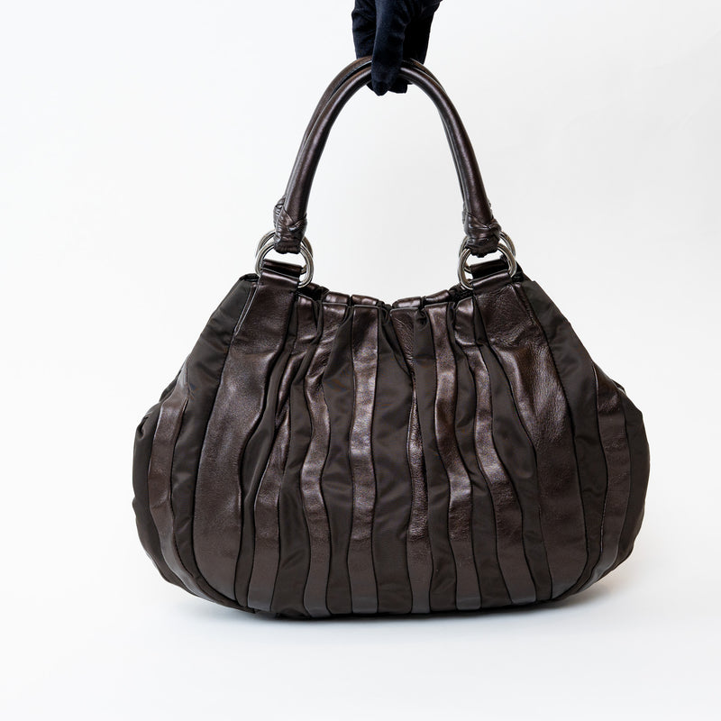 Prada Brown Tessuto Nylon and Metallic Brown Grained Leather Hobo Bag