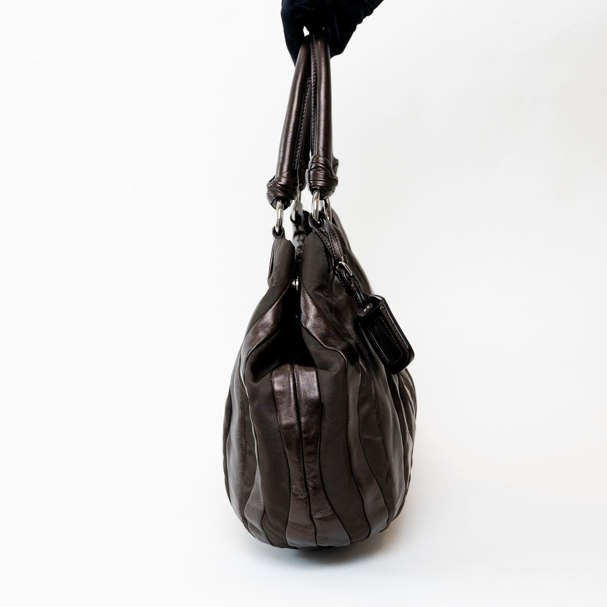 Prada Brown Tessuto Nylon and Metallic Brown Grained Leather Hobo Bag