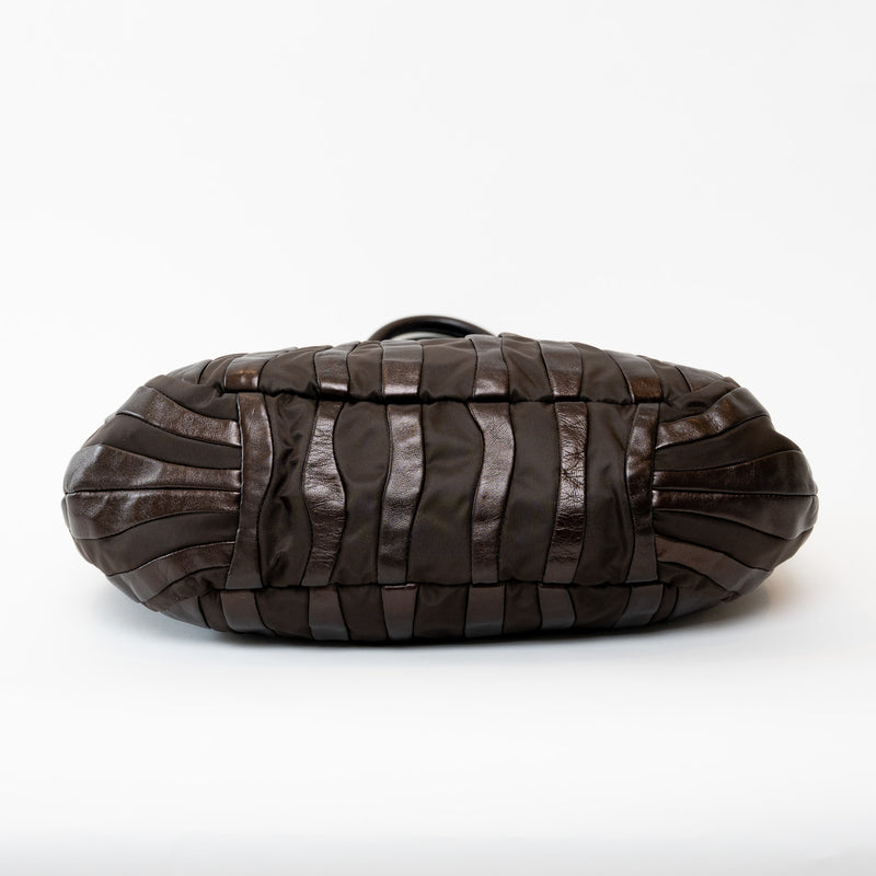 Prada Brown Tessuto Nylon and Metallic Brown Grained Leather Hobo Bag