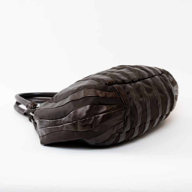 Prada Brown Tessuto Nylon and Metallic Brown Grained Leather Hobo Bag