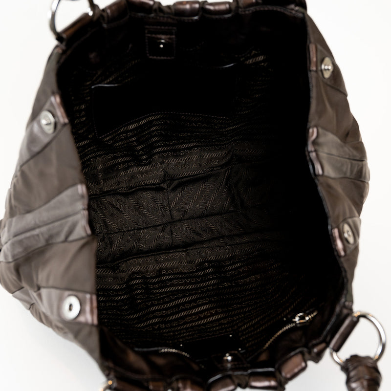 Prada Brown Tessuto Nylon and Metallic Brown Grained Leather Hobo Bag