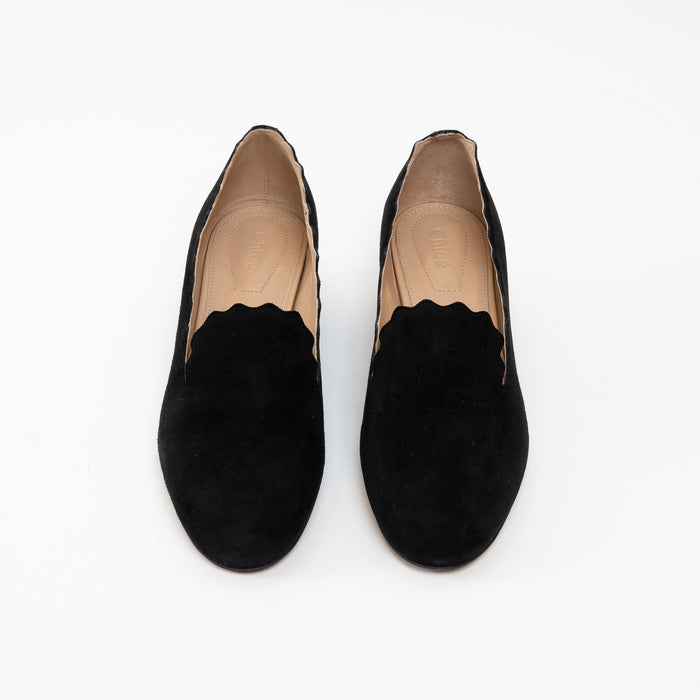 Chloe Black Suede Lauren Scalloped Block Heel Pumps Size 37