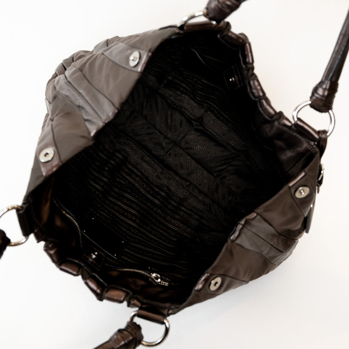 Prada Brown Tessuto Nylon and Metallic Brown Grained Leather Hobo Bag