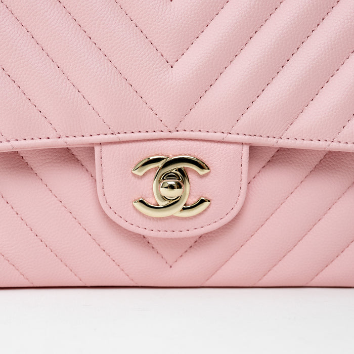 Pre-Loved Chanel™ Pink Pebbled Leather Chevron Double Flap Bag