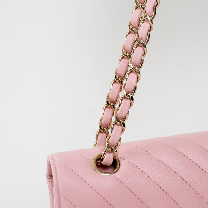 Pre-Loved Chanel™ Pink Pebbled Leather Chevron Double Flap Bag