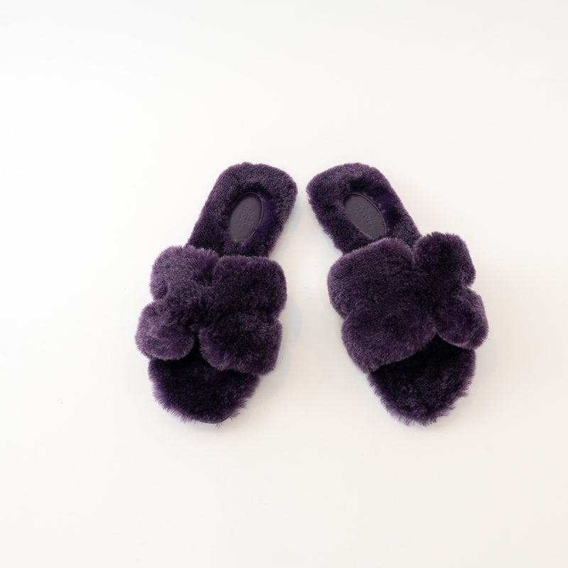 Hermes Oran Sandals in Violet Shearling
