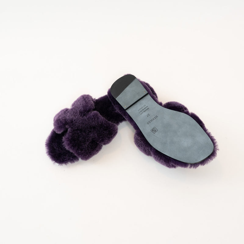 Hermes Violet Shearling Oran Sandals Size 37