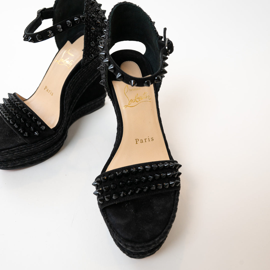 Christian Louboutin Black Suede Studded Woven Fabric Platform Wedge Heels 35