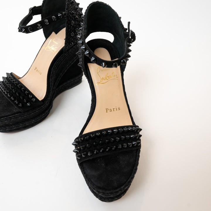 Christian Louboutin Black Suede Studded Woven Fabric Platform Wedge Heels 35
