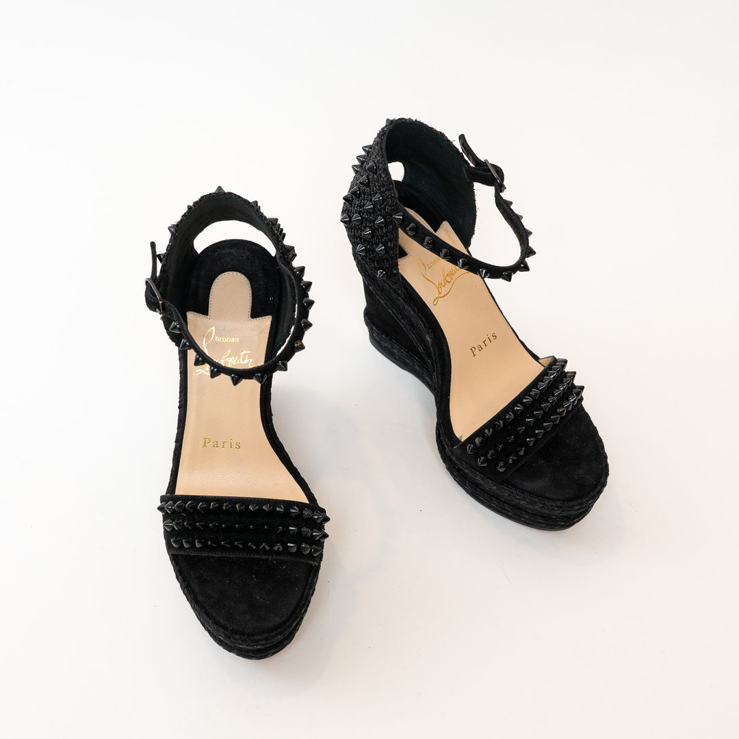 Christian Louboutin Black Suede Studded Woven Fabric Platform Wedge Heels 35