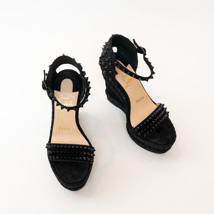 Christian Louboutin Black Suede Studded Woven Fabric Platform Wedge Heels 35