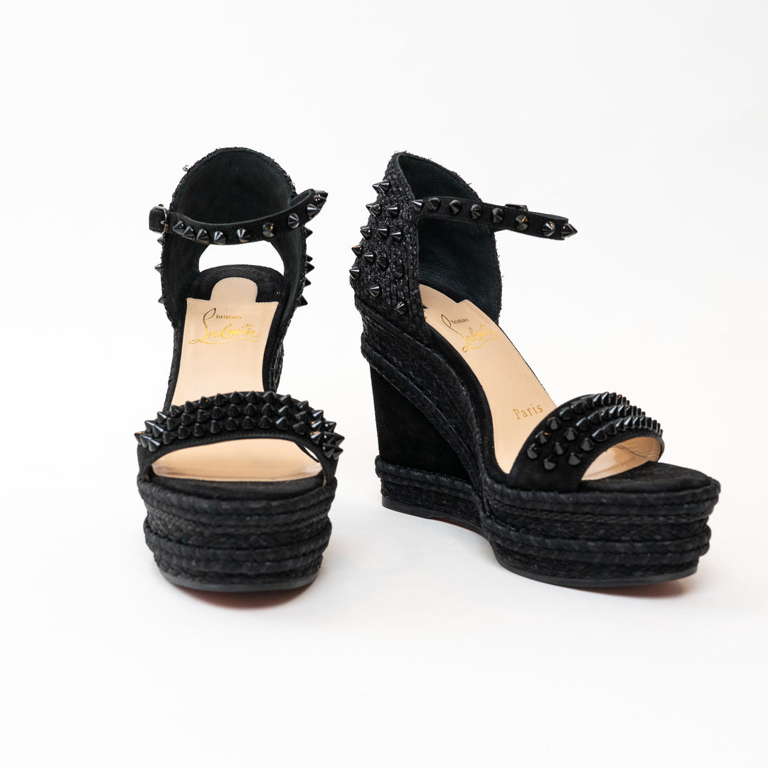 Christian Louboutin Black Suede Studded Woven Fabric Platform Wedge Heels 35
