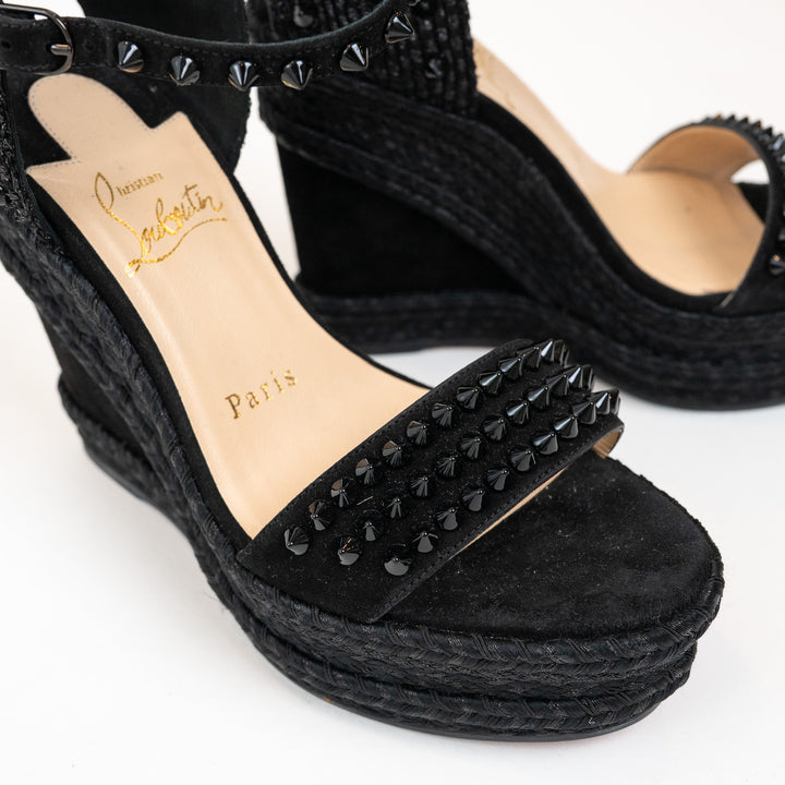 Christian Louboutin Black Suede Studded Woven Fabric Platform Wedge Heels 35