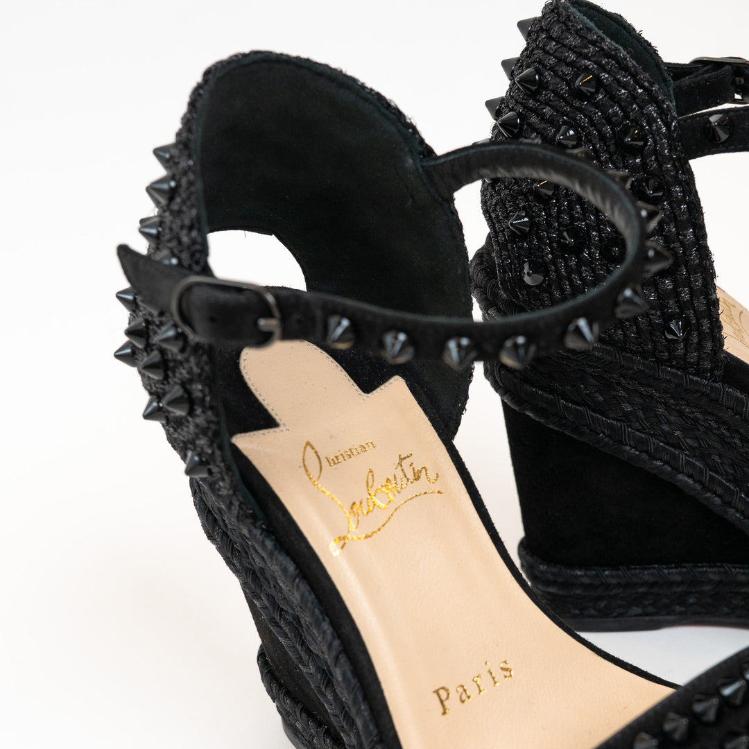 Christian Louboutin Black Suede Studded Woven Fabric Platform Wedge Heels 35