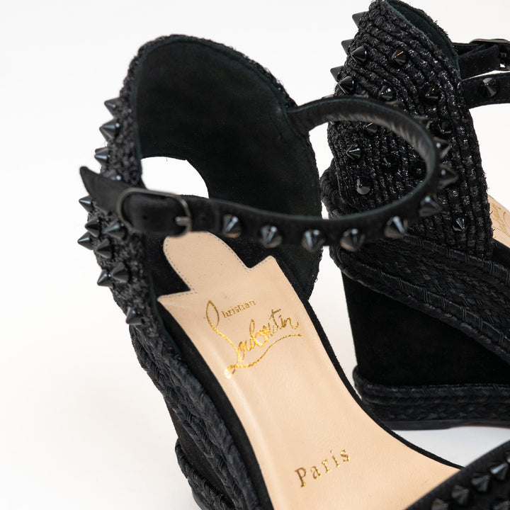 Christian Louboutin Black Suede Studded Woven Fabric Platform Wedge Heels 35
