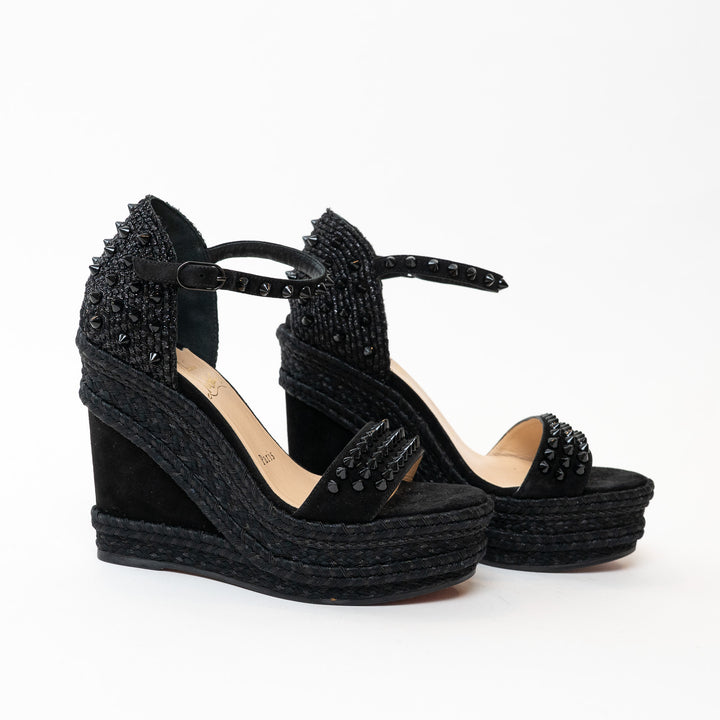 Christian Louboutin Black Suede Studded Woven Fabric Platform Wedge Heels 35