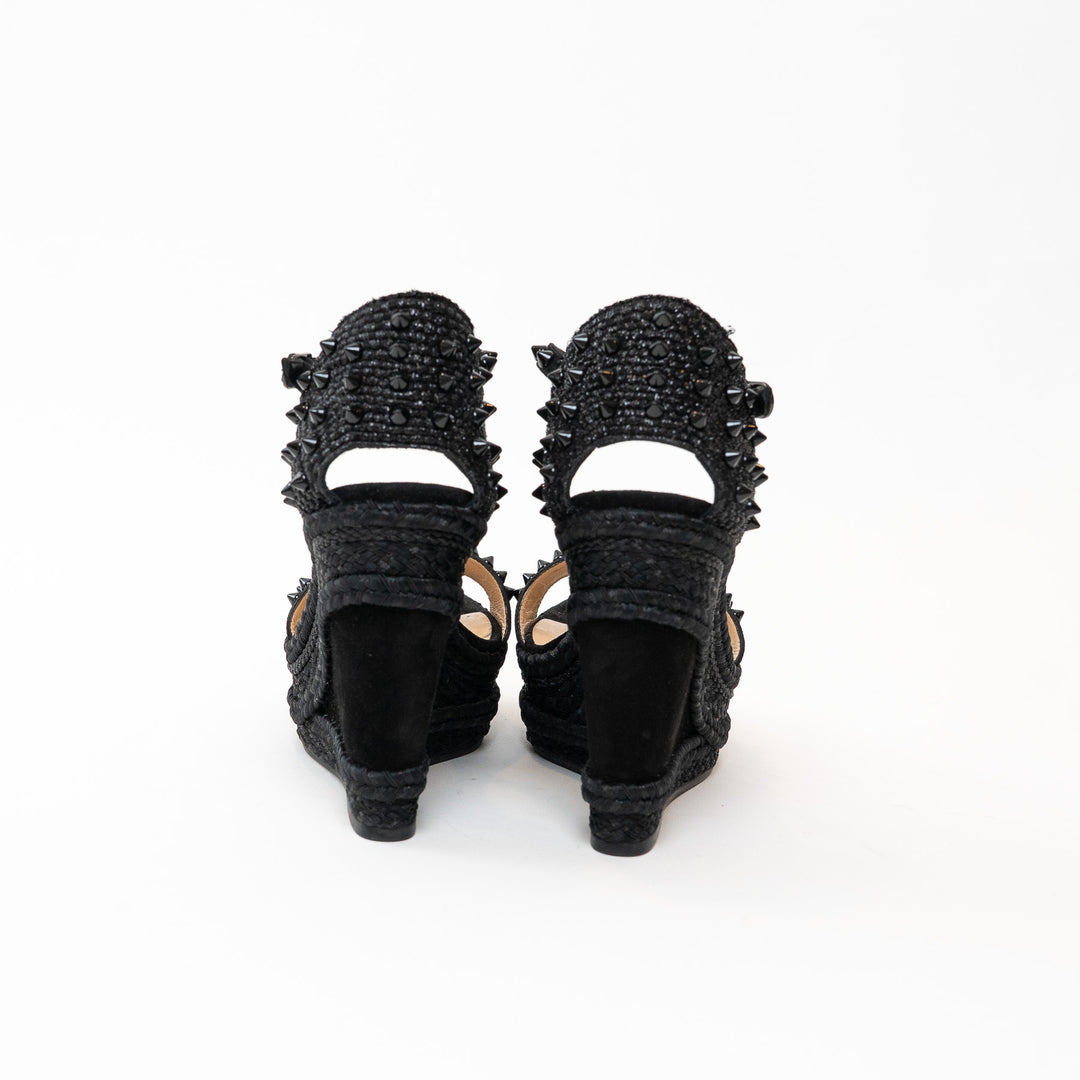 Christian Louboutin Black Suede Studded Woven Fabric Platform Wedge Heels 35