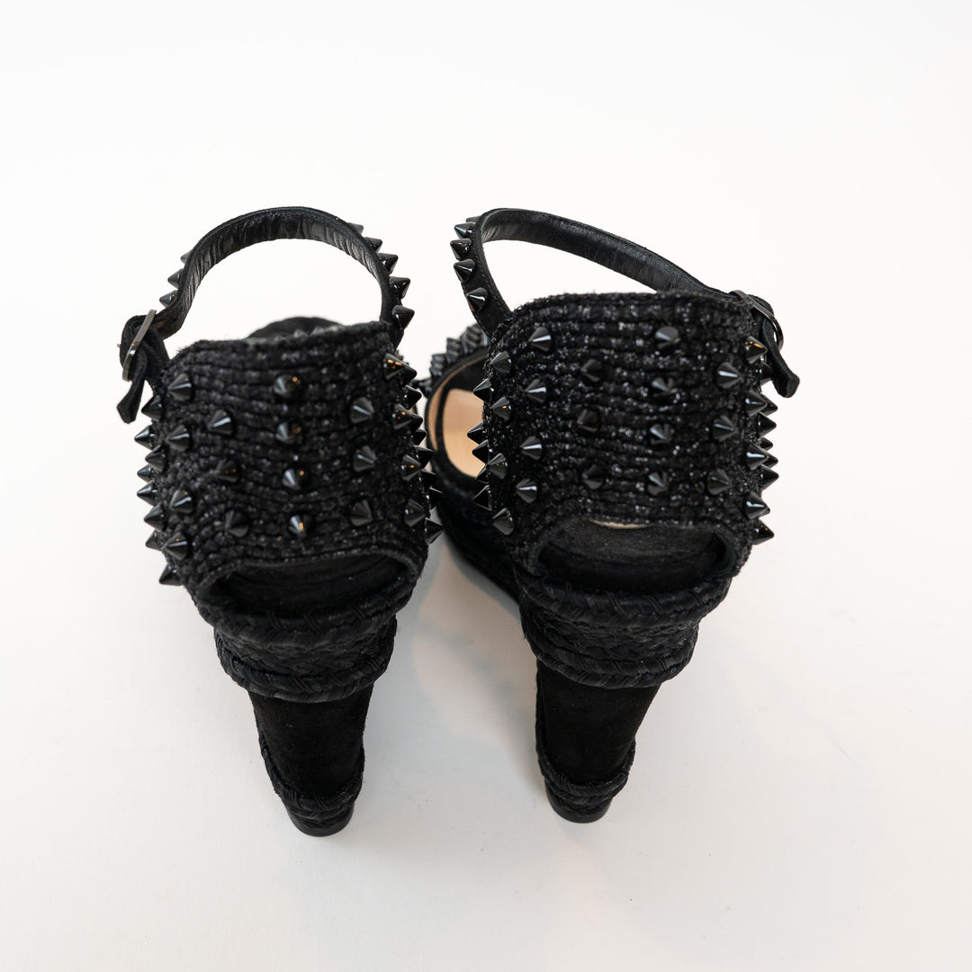Christian Louboutin Black Suede Studded Woven Fabric Platform Wedge Heels 35