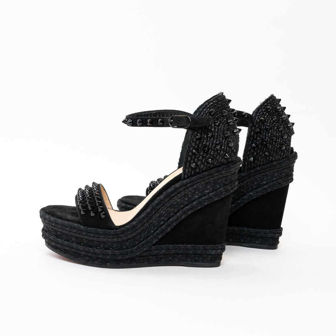 Christian Louboutin Black Suede Studded Woven Fabric Platform Wedge Heels 35