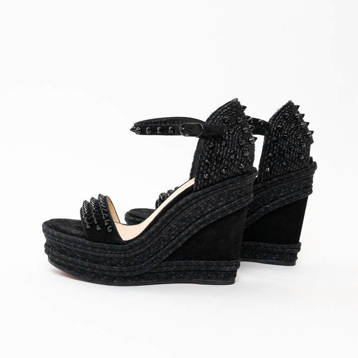 Christian Louboutin Black Suede Studded Woven Fabric Platform Wedge Heels 35