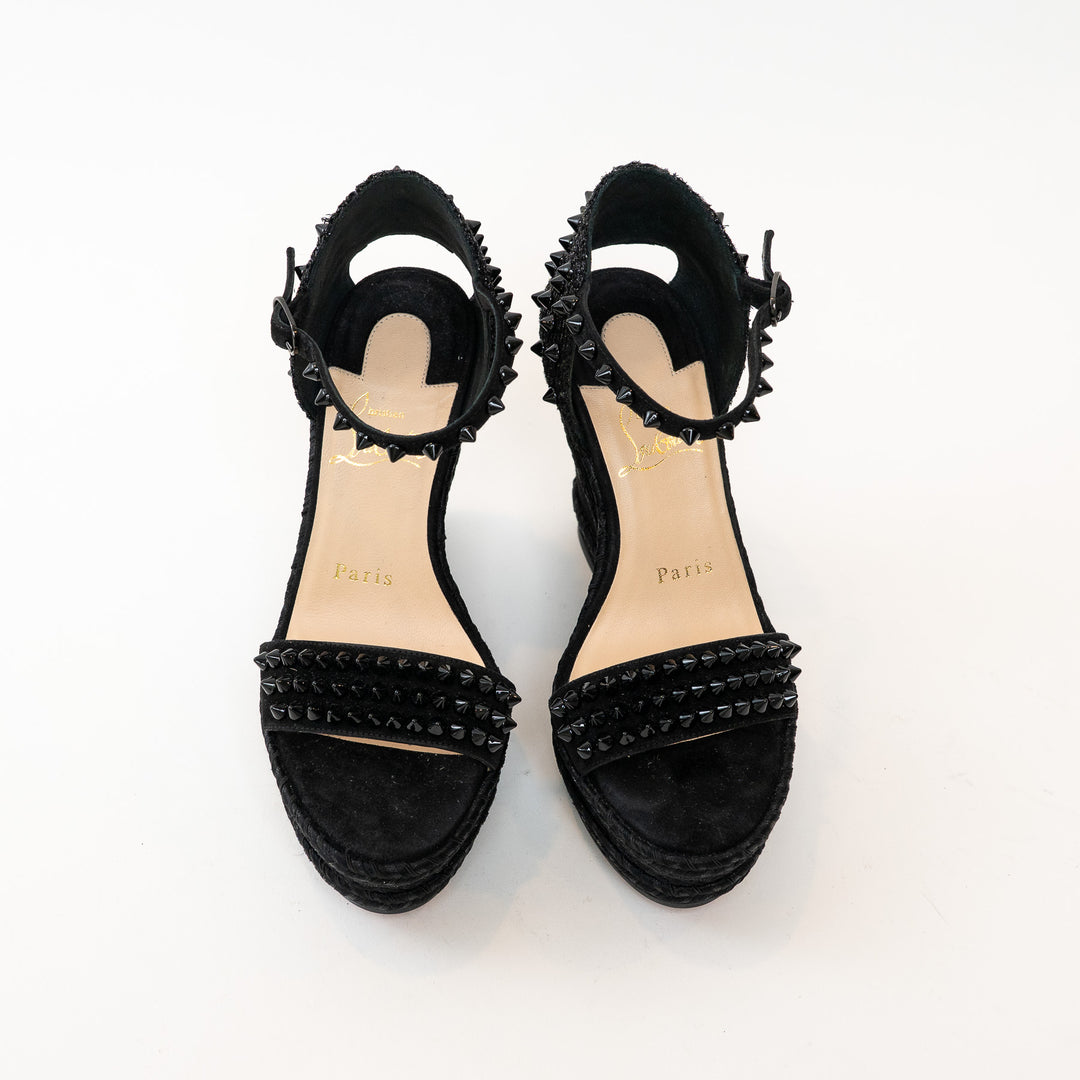 Christian Louboutin Black Suede Studded Woven Fabric Platform Wedge Heels 35
