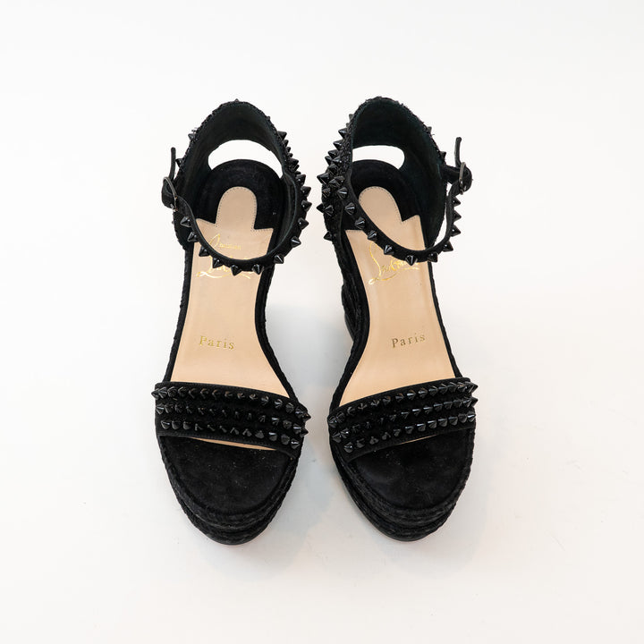 Christian Louboutin Black Suede Studded Woven Fabric Platform Wedge Heels 35