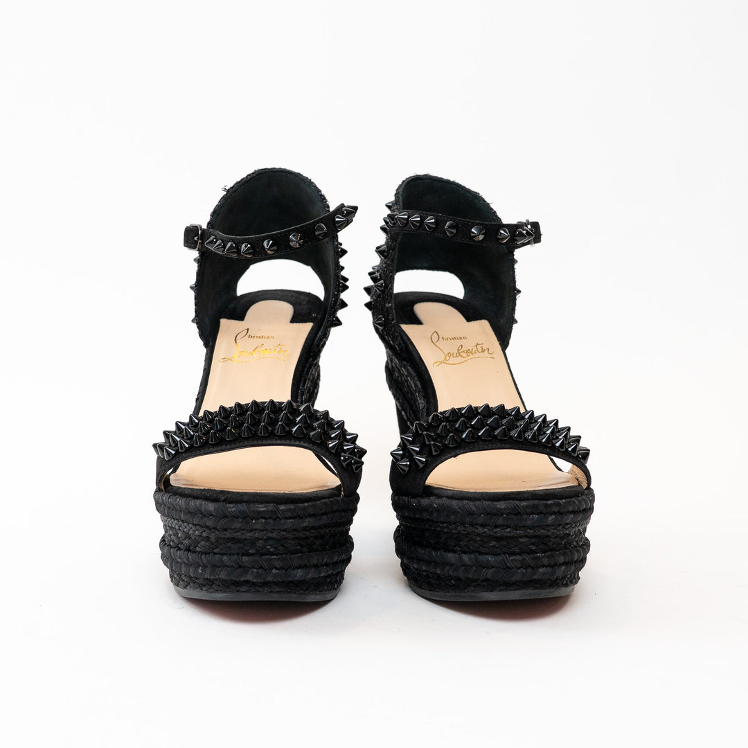Christian Louboutin Black Suede Studded Woven Fabric Platform Wedge Heels 35