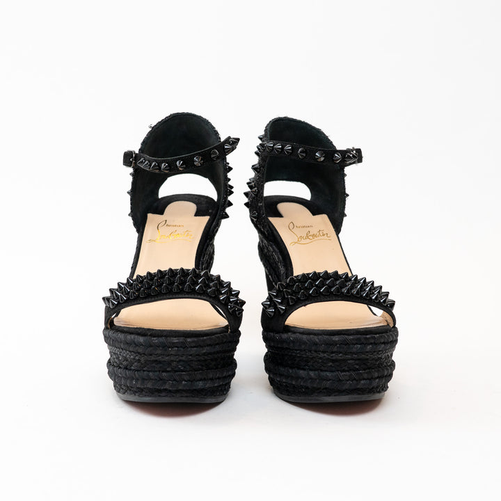 Christian Louboutin Black Suede Studded Woven Fabric Platform Wedge Heels 35