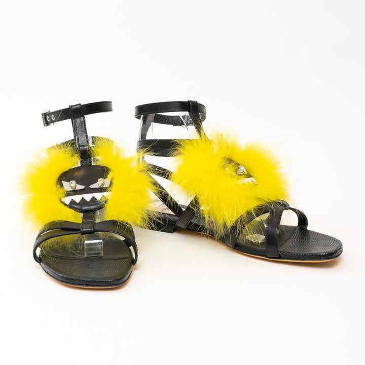 Fendi Black Leather Yellow Fur Monster Sandals Size 38