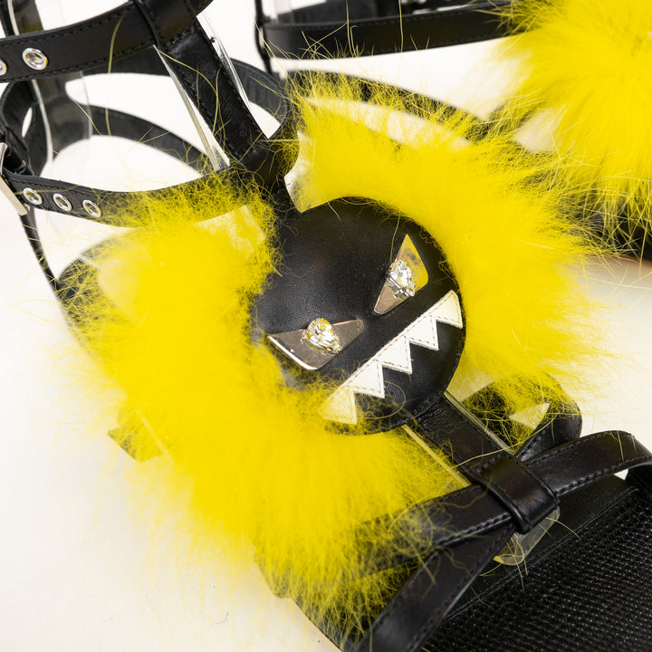 Fendi Black Leather Yellow Fur Monster Sandals Size 38