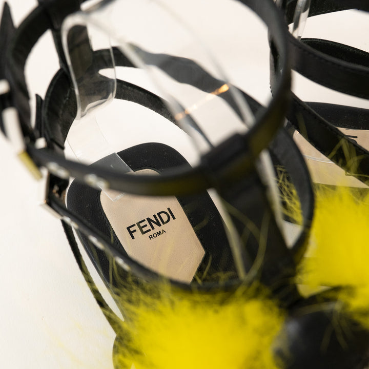 Fendi Black Leather Yellow Fur Monster Sandals Size 38