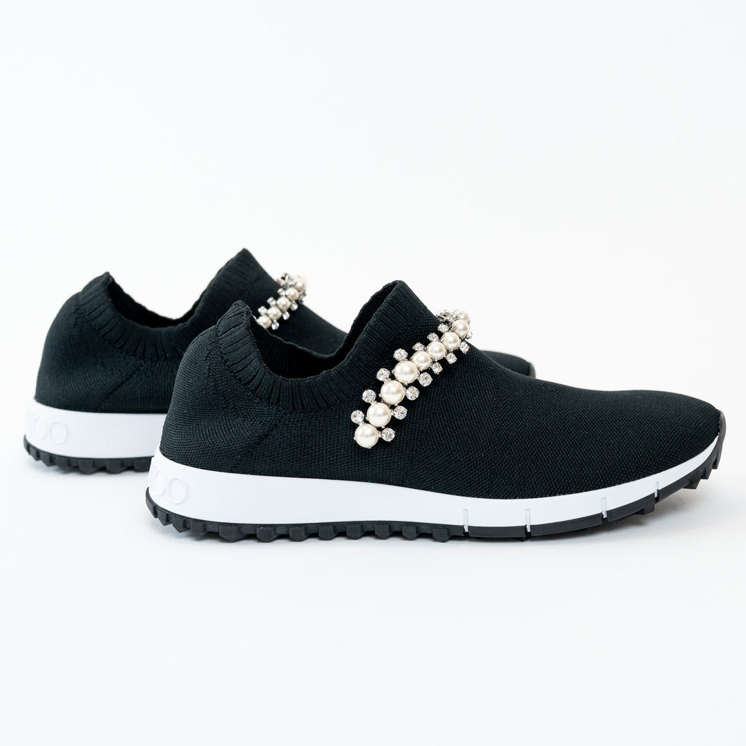 Jimmy Choo Black Knit Verona Crystal and Faux Pearl Detail Sock Sneakers Size 36.5