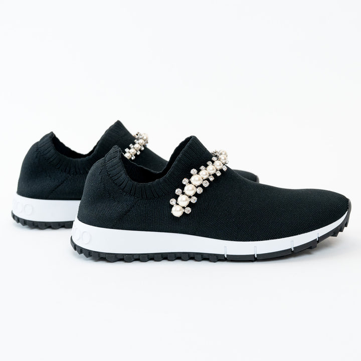 Jimmy Choo Black Knit Verona Crystal and Faux Pearl Detail Sock Sneakers Size 36.5