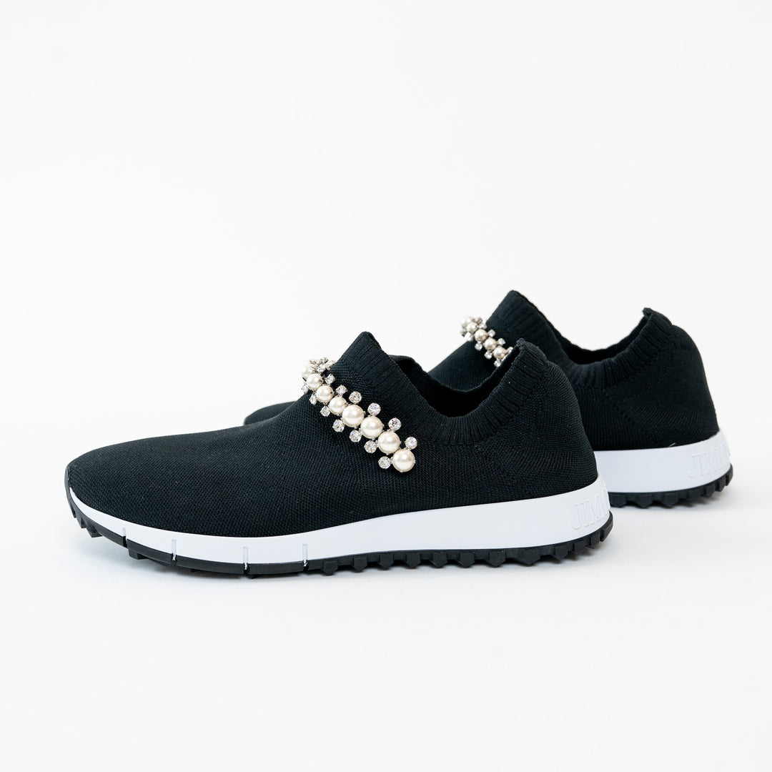 Jimmy Choo Black Knit Verona Crystal and Faux Pearl Detail Sock Sneakers Size 36.5