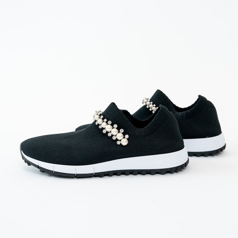 Jimmy Choo Black Knit Verona Crystal and Faux Pearl Detail Sock Sneakers Size 36.5