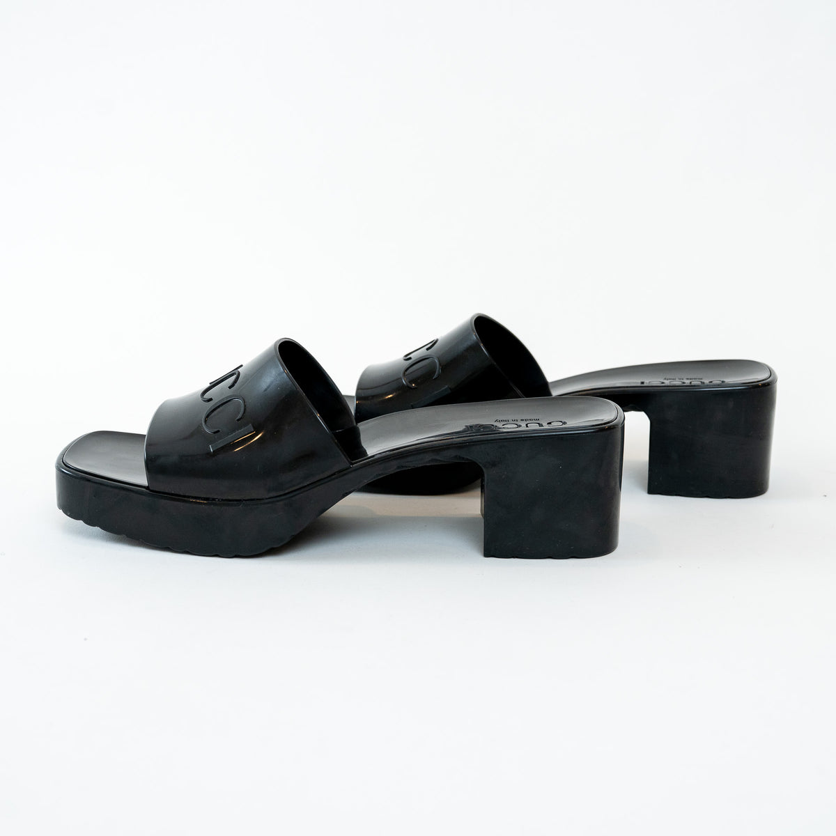 Gucci Black Embossed Block Heel Sandals Size 39